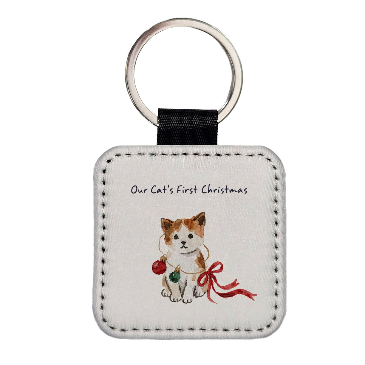 Our Cat's First Christmas Square Faux Leather Keychain