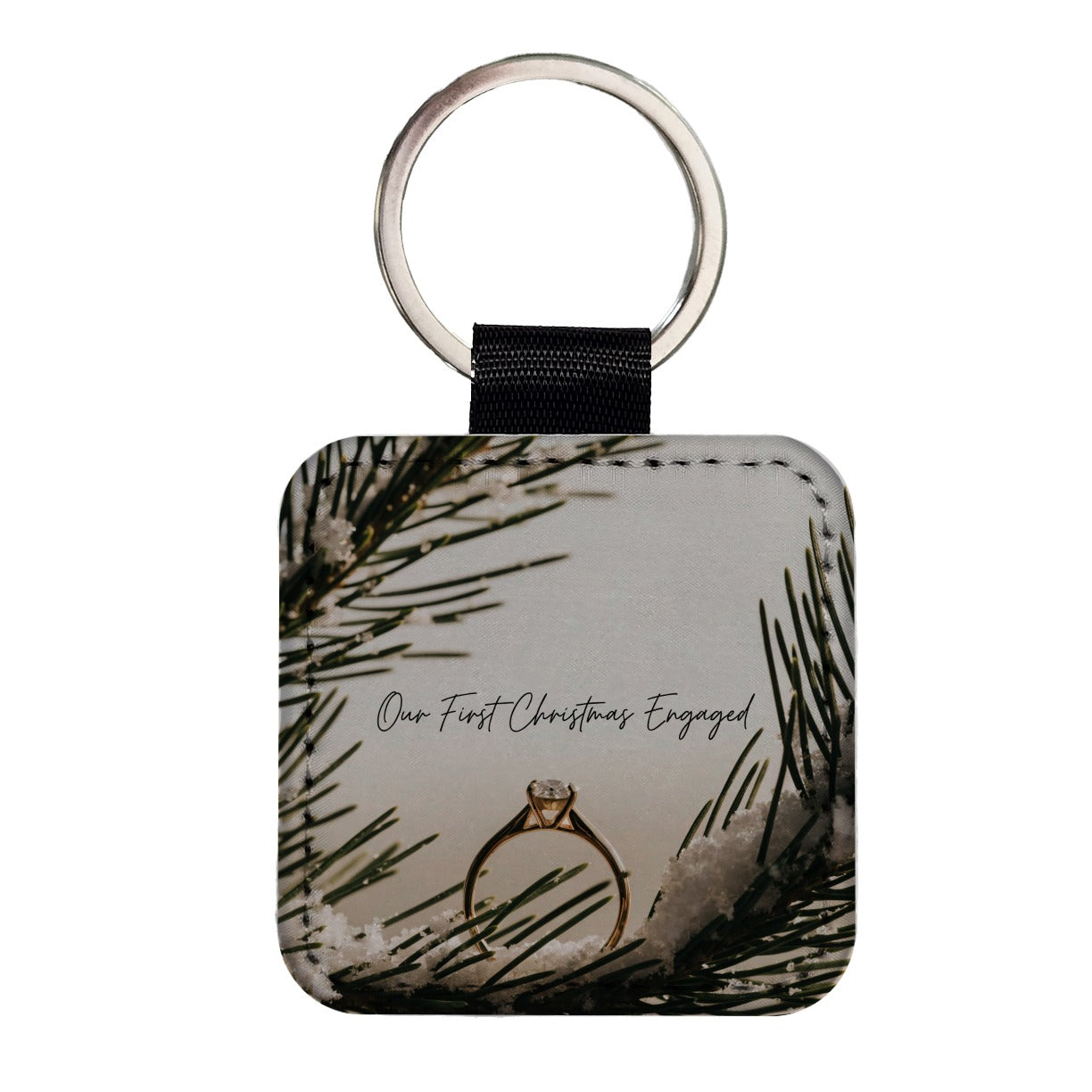 Our First Christmas Engaged Engagement Square Faux Leather Keychain