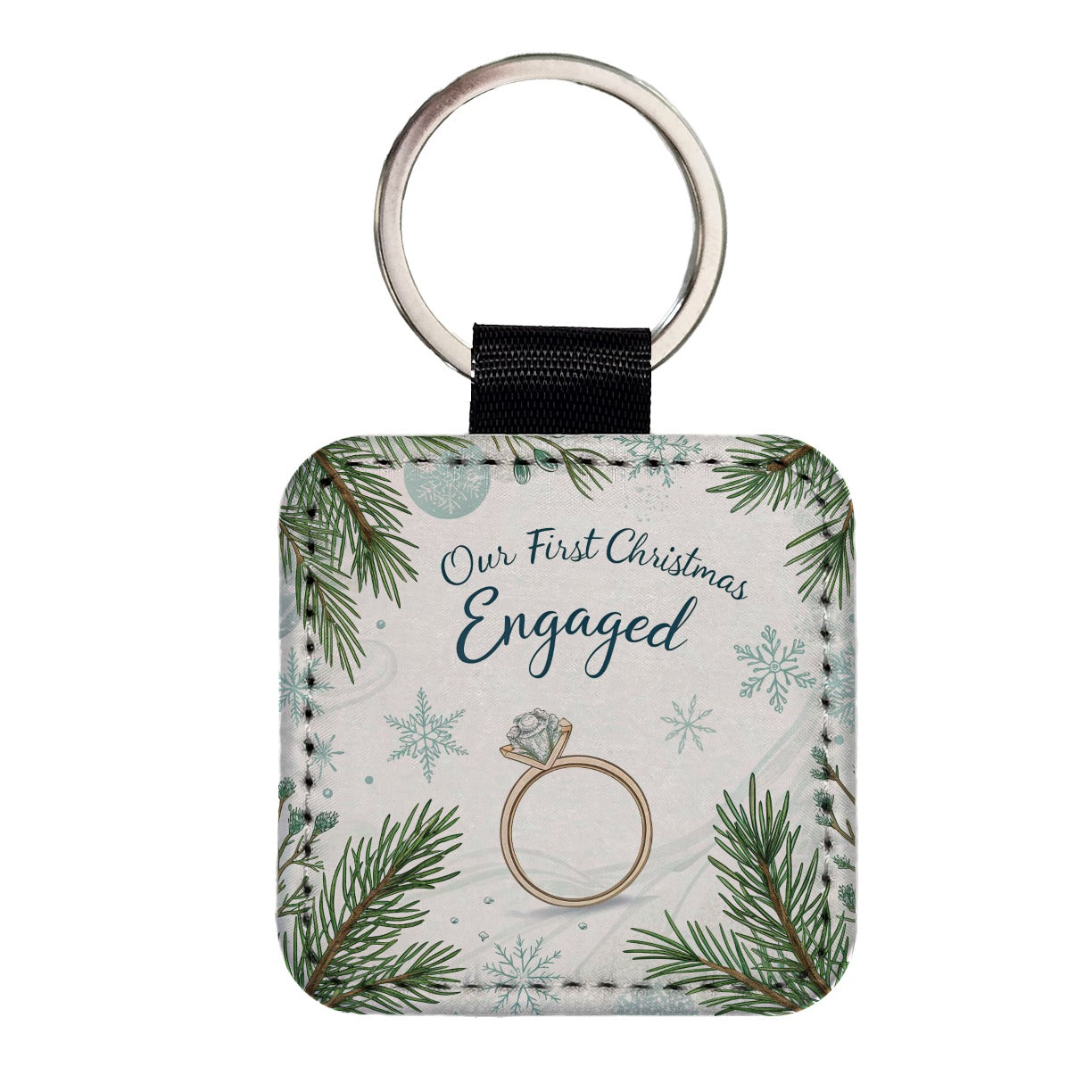 Our First Christmas Engaged Wedding Square Faux Leather Keychain
