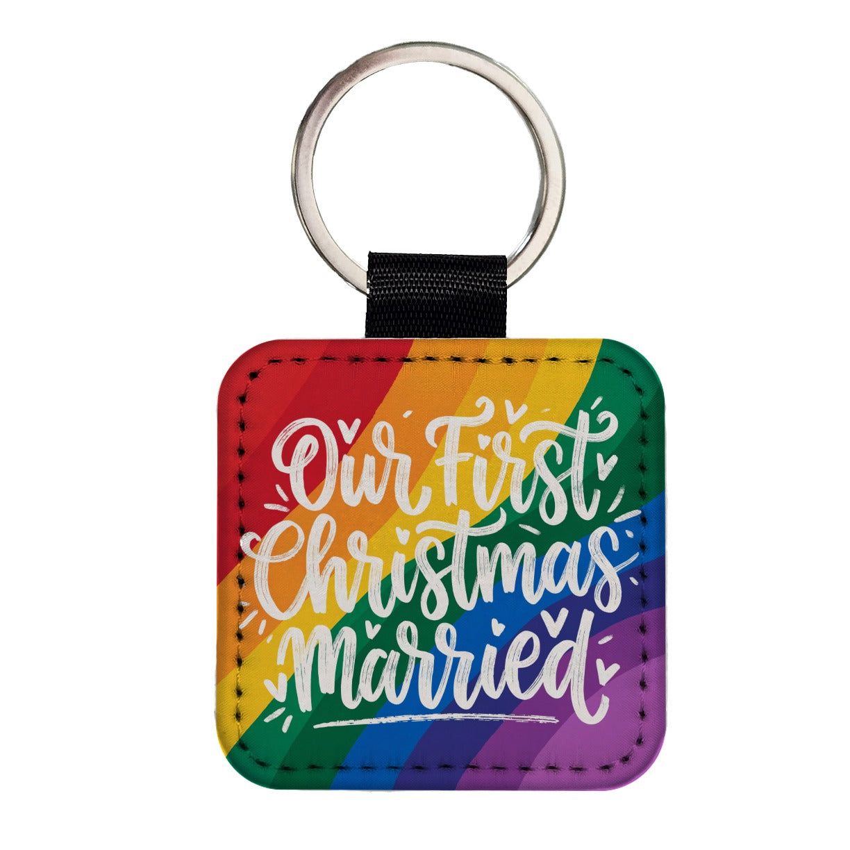 Our First Christmas Married LGBTQ Pride Rainbow Square Faux Leather Keychain