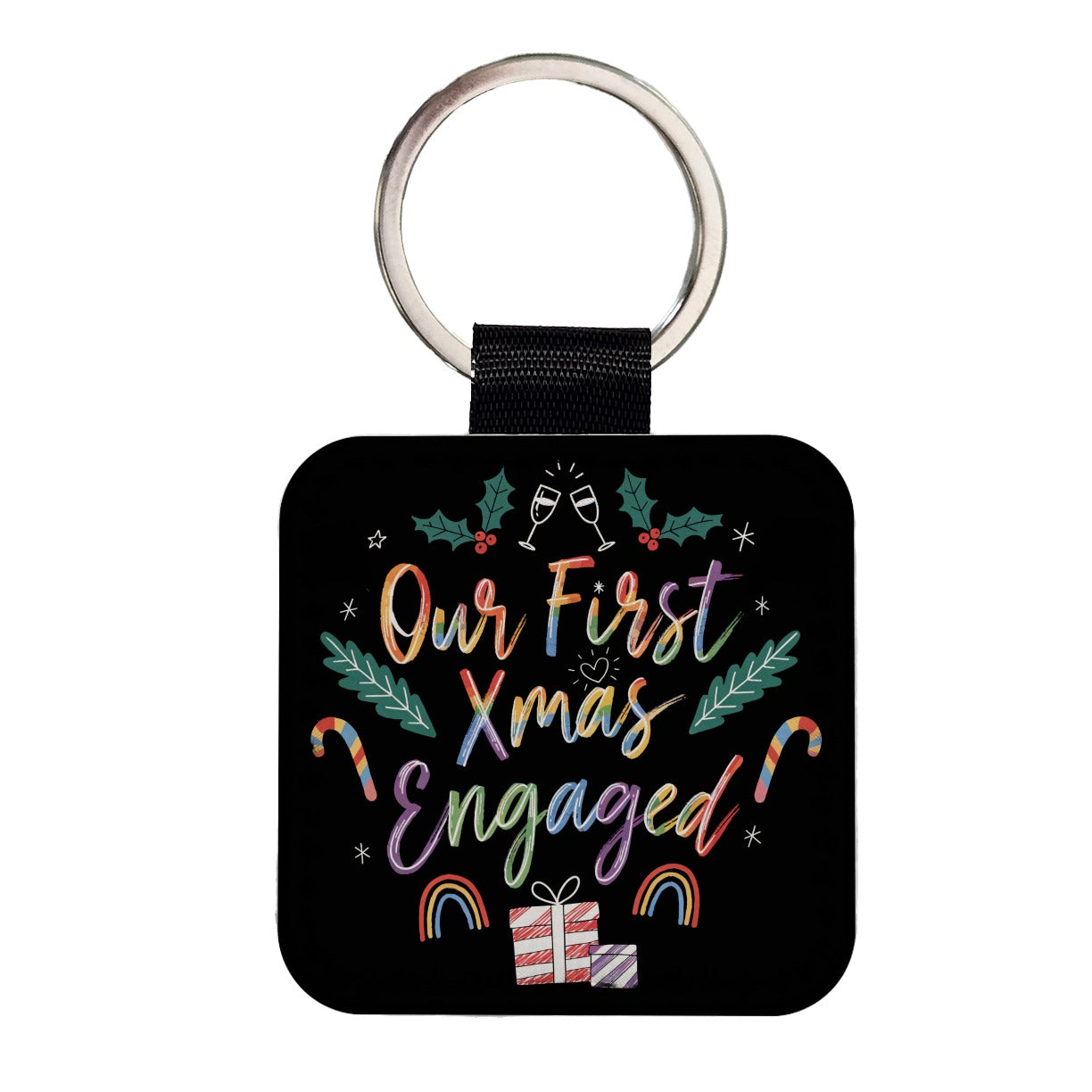 Our First Christmas Xmas Engaged LGBTQ Pride Cute Square Faux Leather Keychain