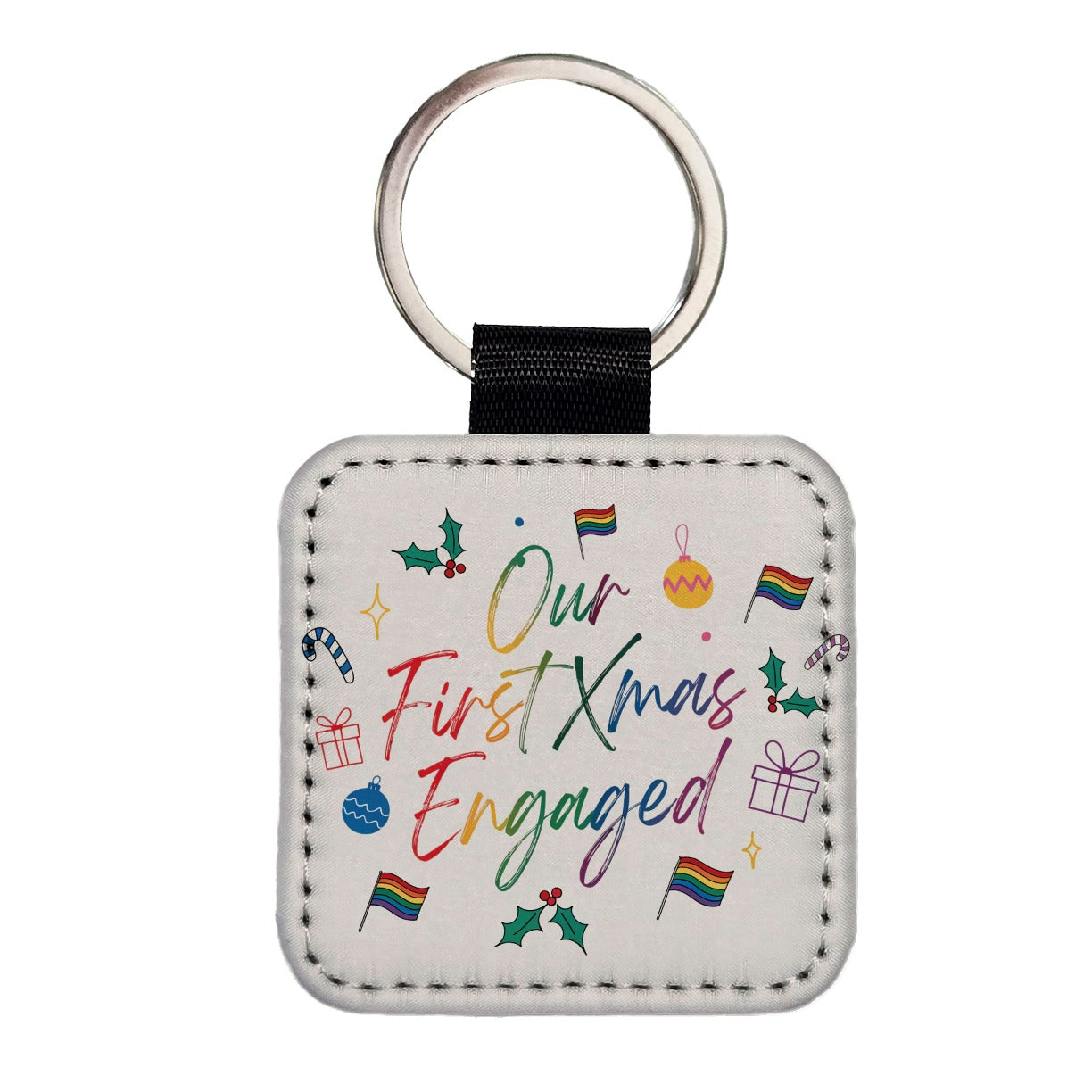 Our First Christmas Xmas Engaged Pride LGBTQ Square Faux Leather Keychain