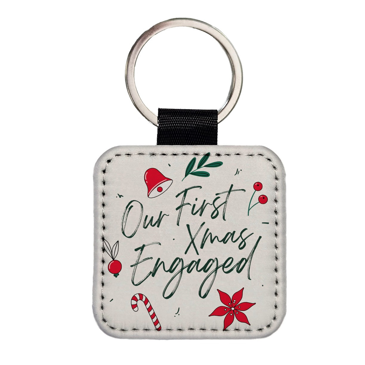 Our First Christmas Xmas Engaged Square Faux Leather Keychain