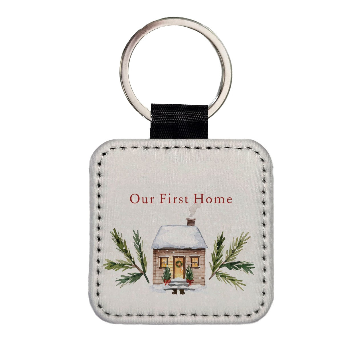 Our First Home House Christmas Square Faux Leather Keychain