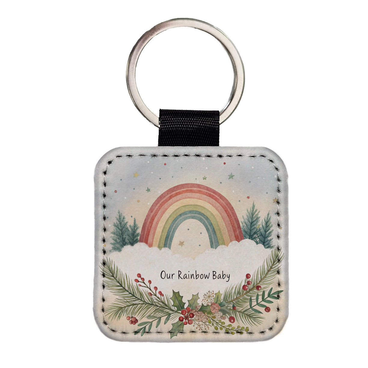 Our Rainbow Baby Christmas Elegant Square Faux Leather Keychain