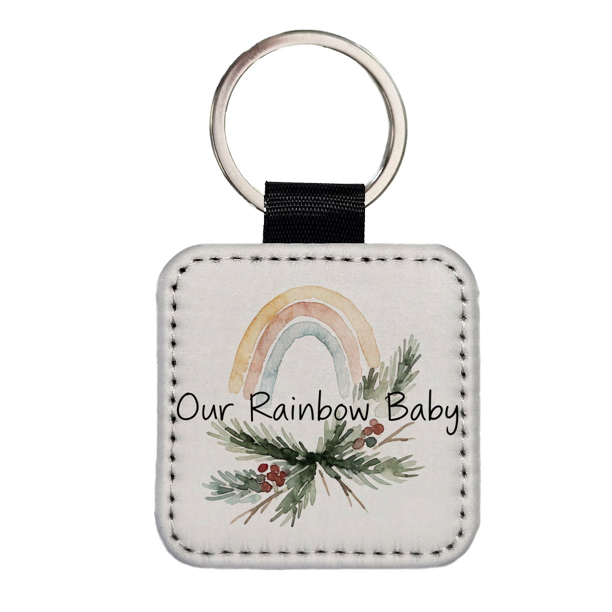 Our Rainbow Baby Christmas Square Faux Leather Keychain