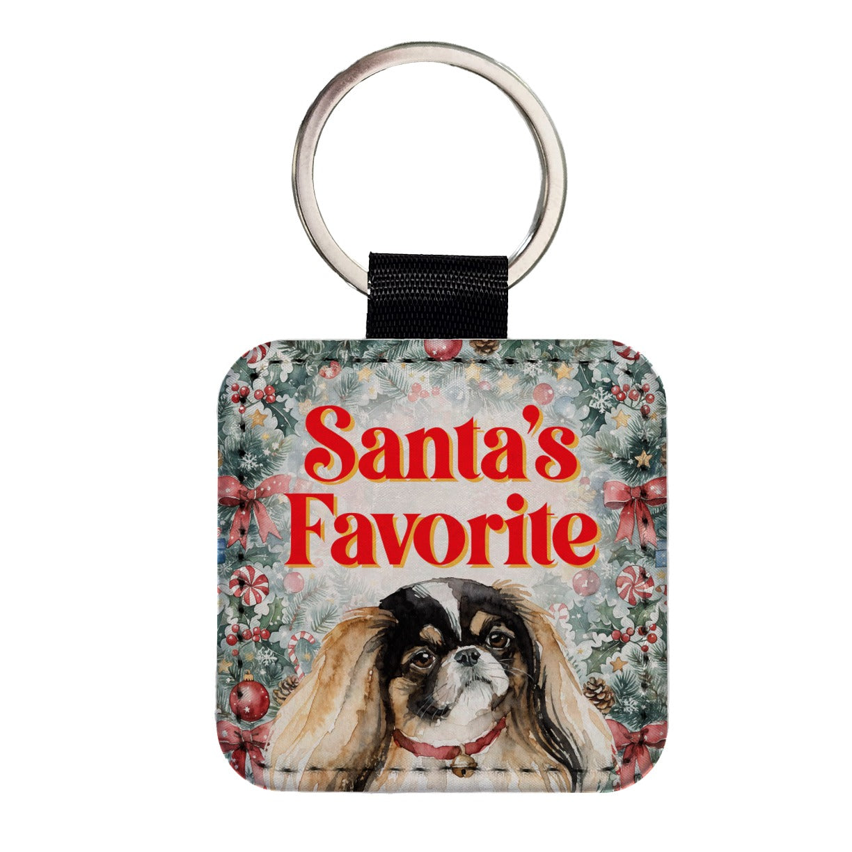 Pekingese Dog Christmas Santa's Favorite Square Faux Leather Keychain