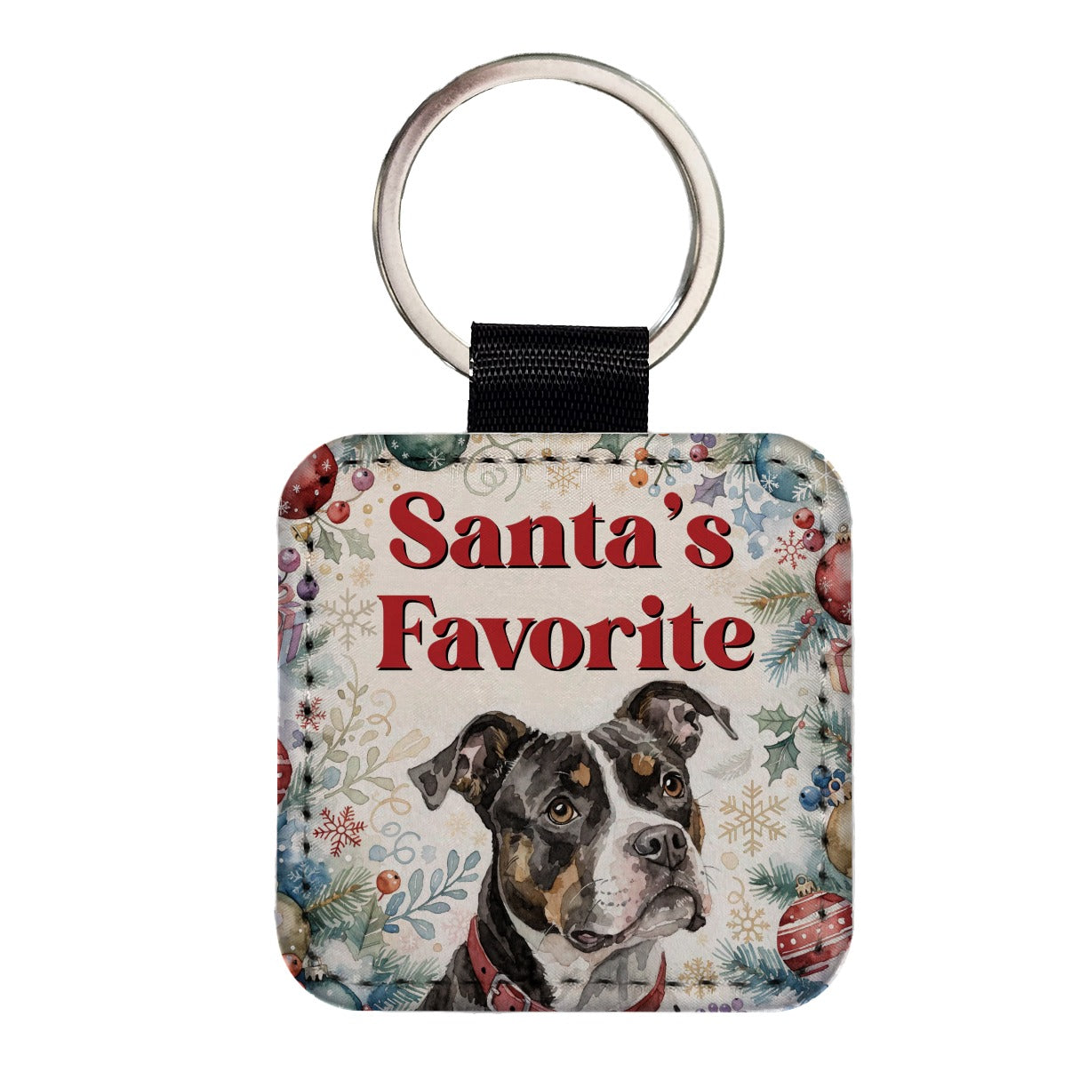 Pit Bull Mix Dog Christmas Santa's Favorite Square Faux Leather Keychain