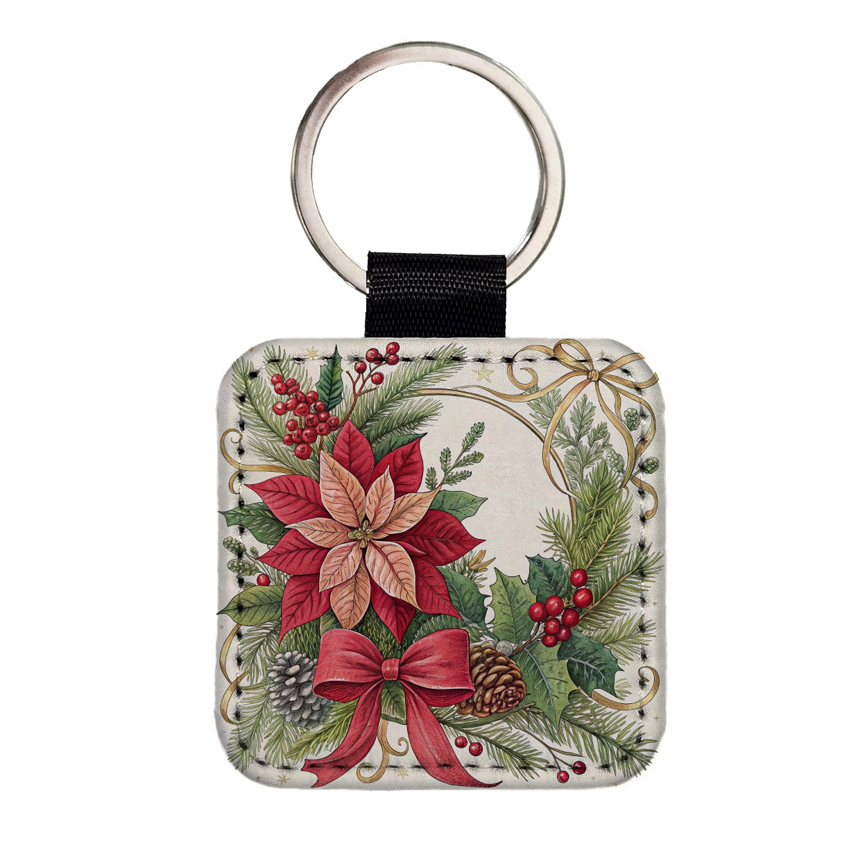 Poinsettias Holly Berries Christmas Square Faux Leather Keychain