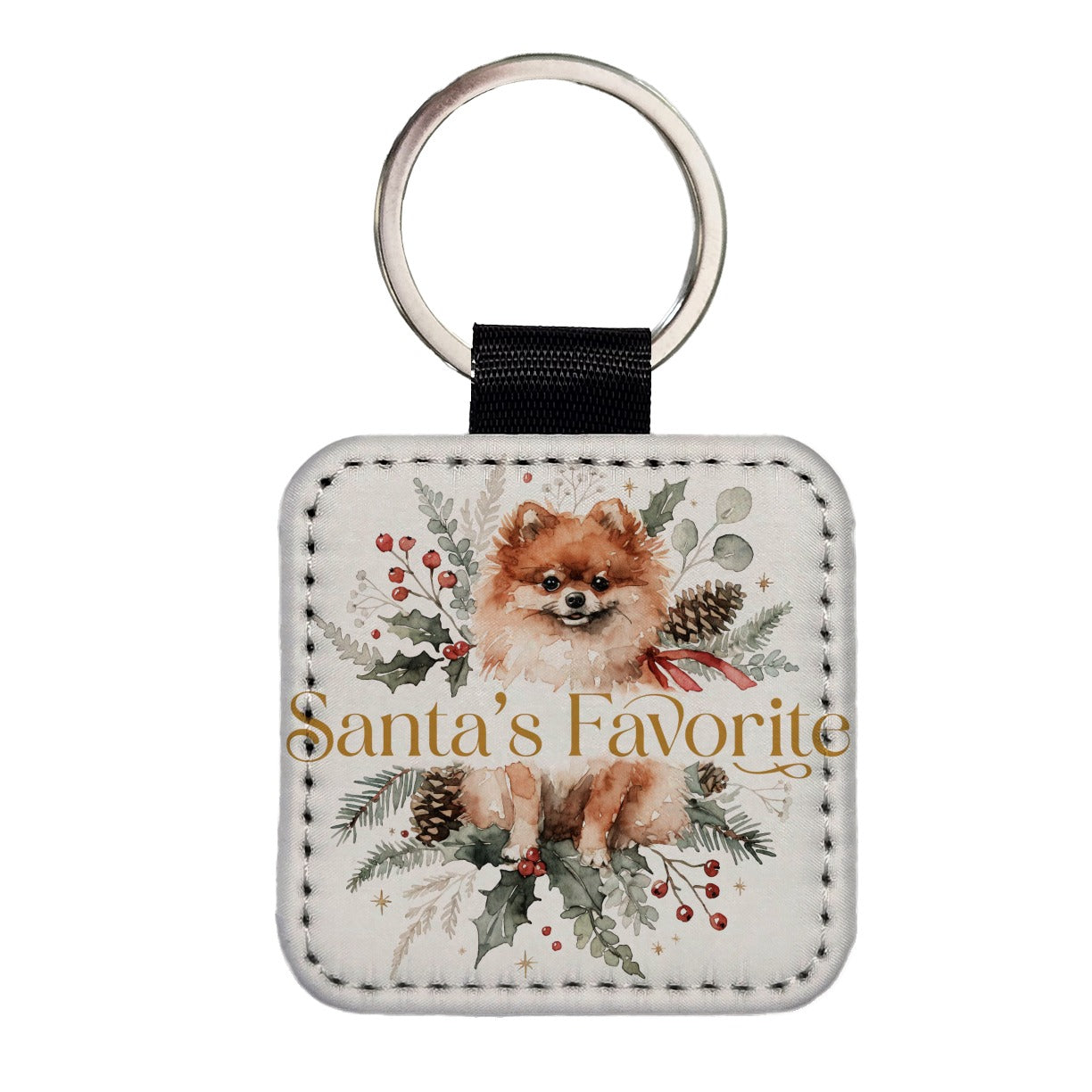 Pomeranian Dog Christmas Santa's Favorite Square Faux Leather Keychain