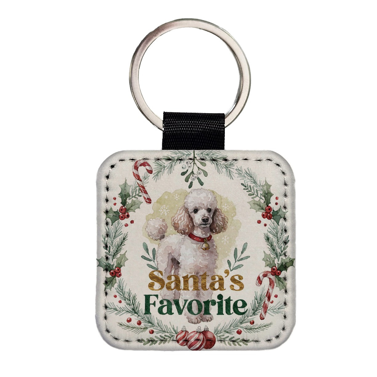 Poodle White Dog Christmas Santa's Favorite Square Faux Leather Keychain