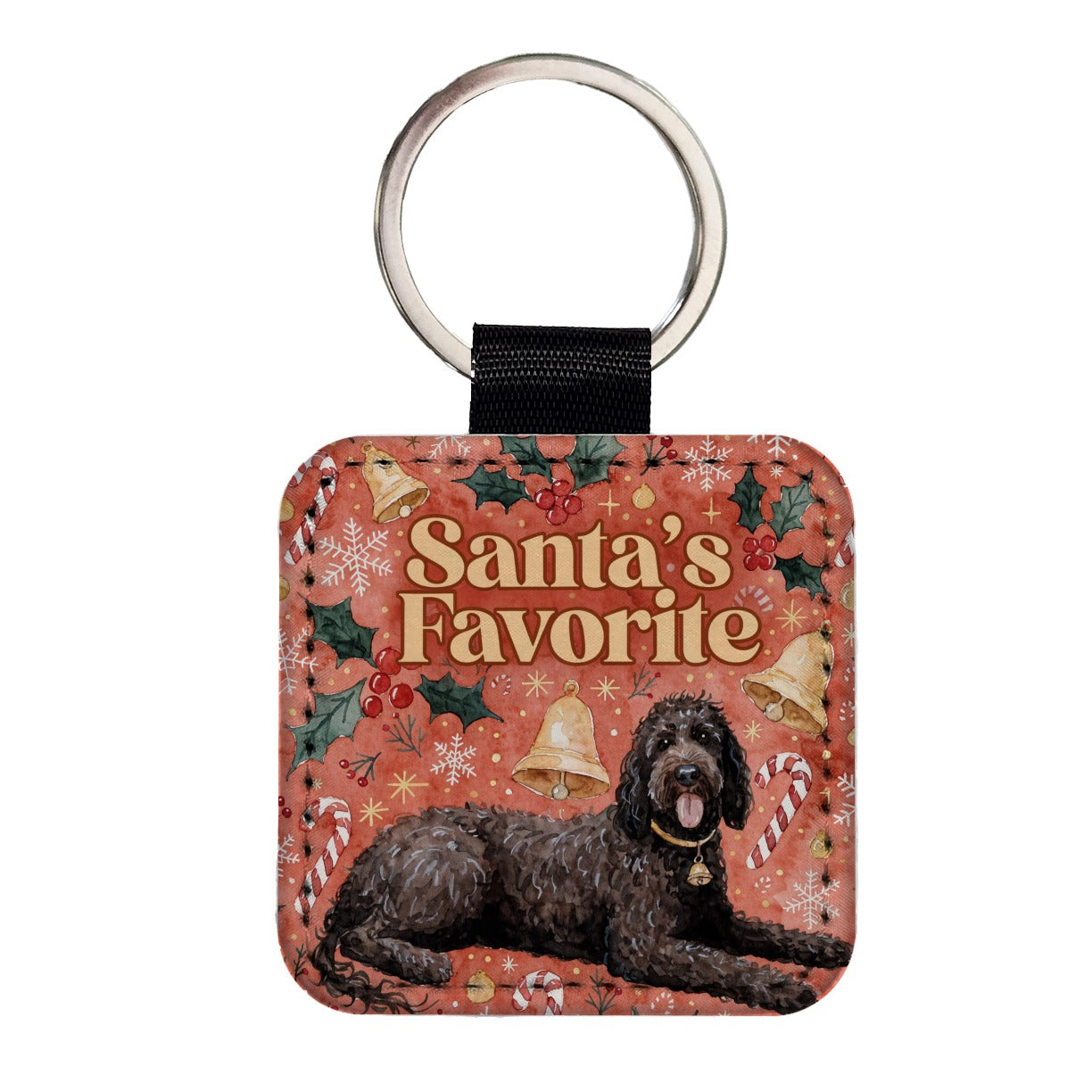 Portuguese Water Dog Christmas Santa's Favorite Square Faux Leather Keychain