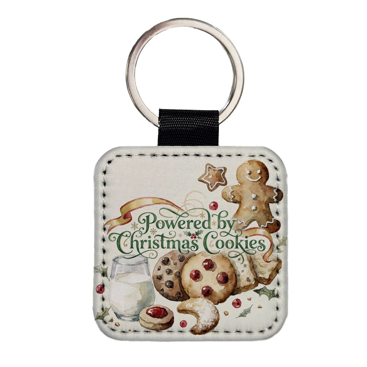 Powered By Christmas Cookies Funny Square Faux Leather Keychain