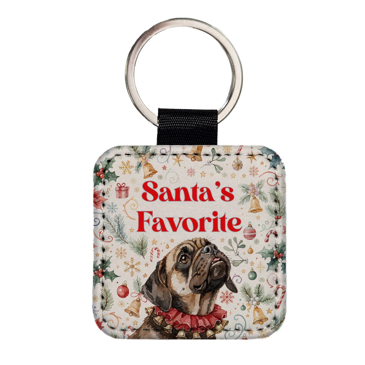 Puggle Dog Christmas Santa's Favorite Square Faux Leather Keychain
