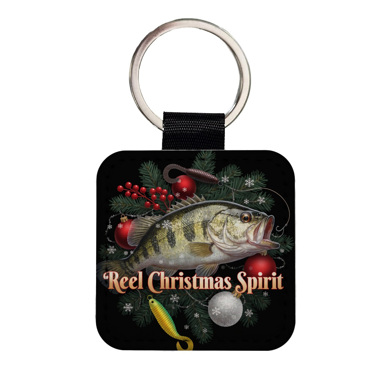 Reel Christmas Spirit Fishing Fisherman Square Faux Leather Keychain