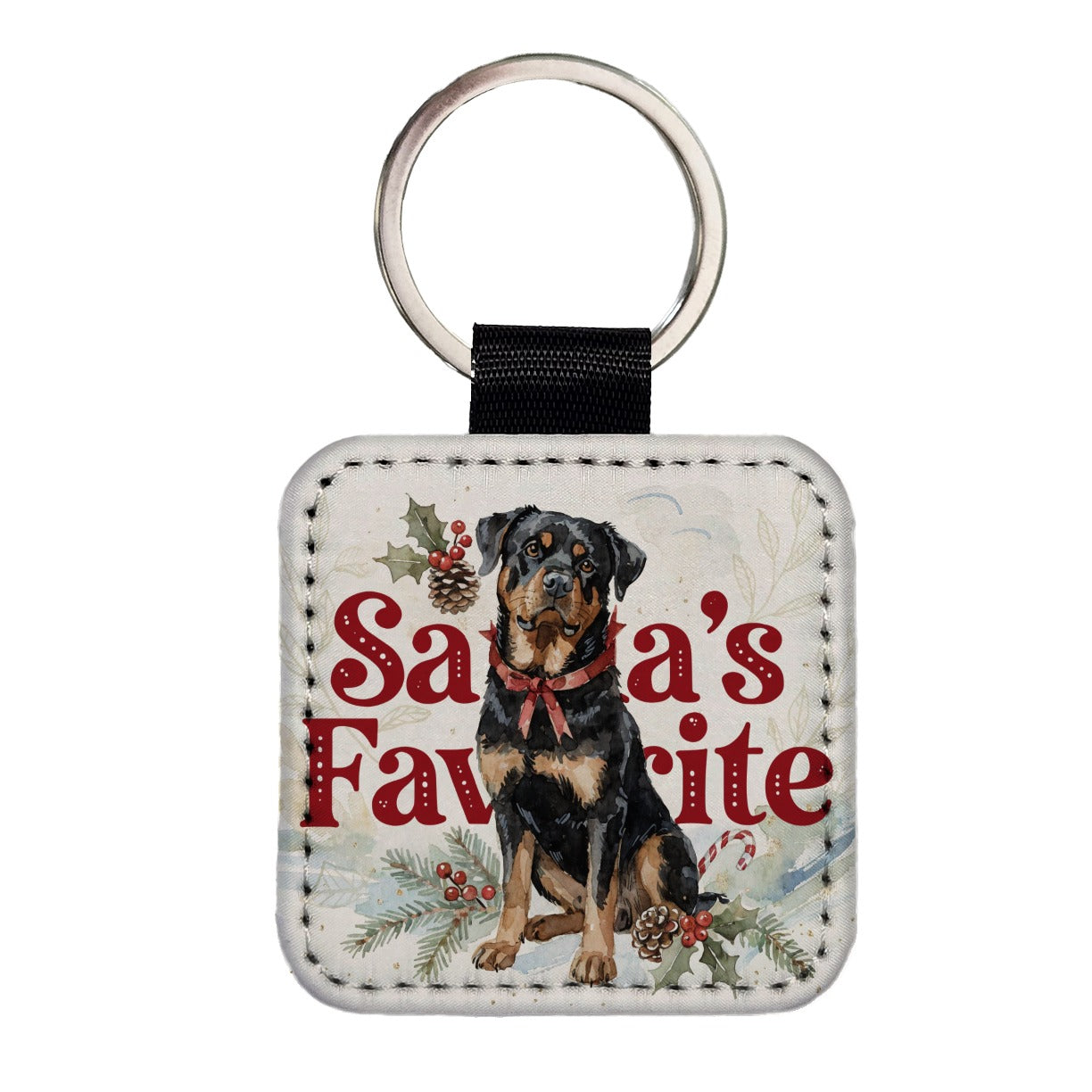 Rottweiler Dog Christmas Santa's Favorite Square Faux Leather Keychain
