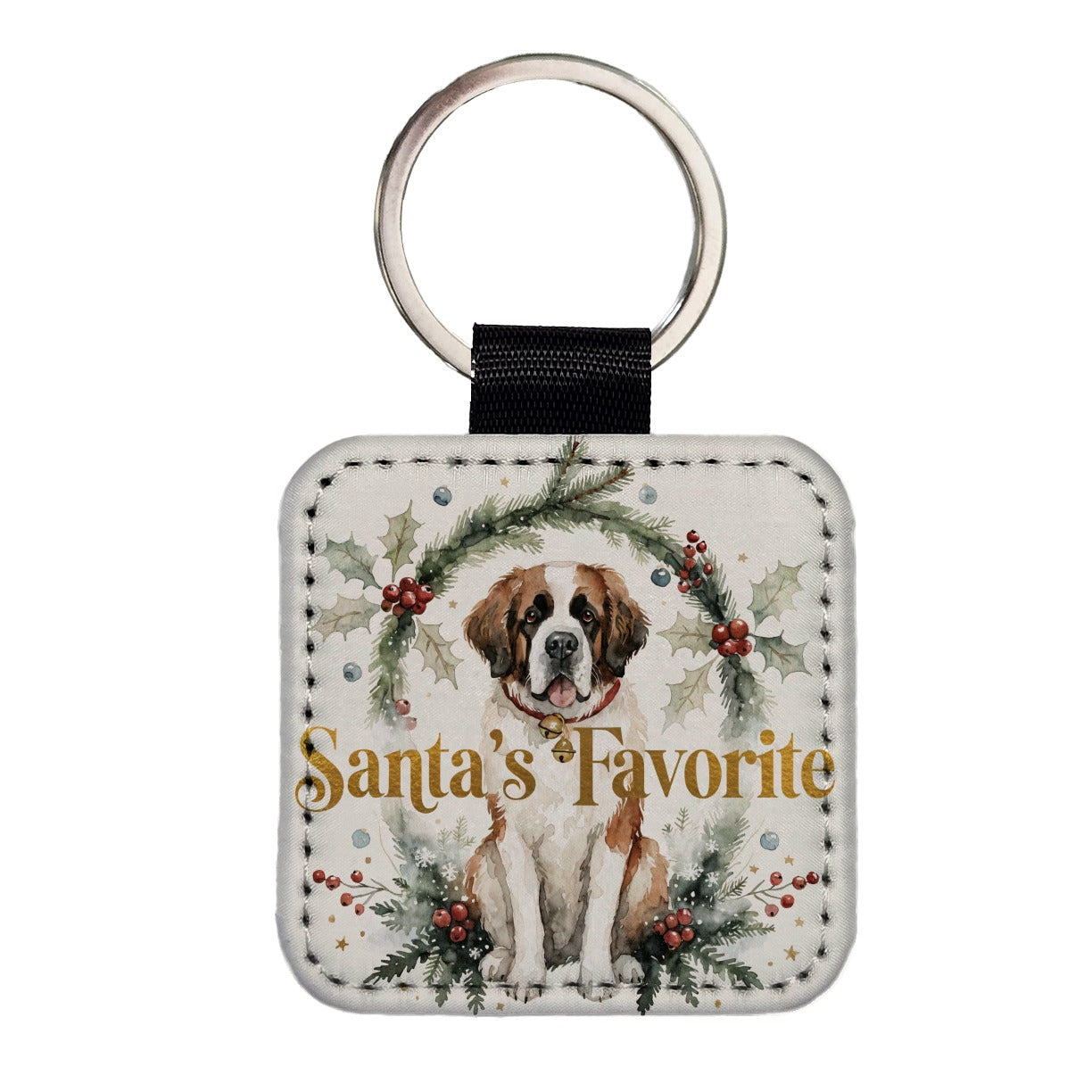 Saint Bernard Dog Christmas Santa's Favorite Square Faux Leather Keychain