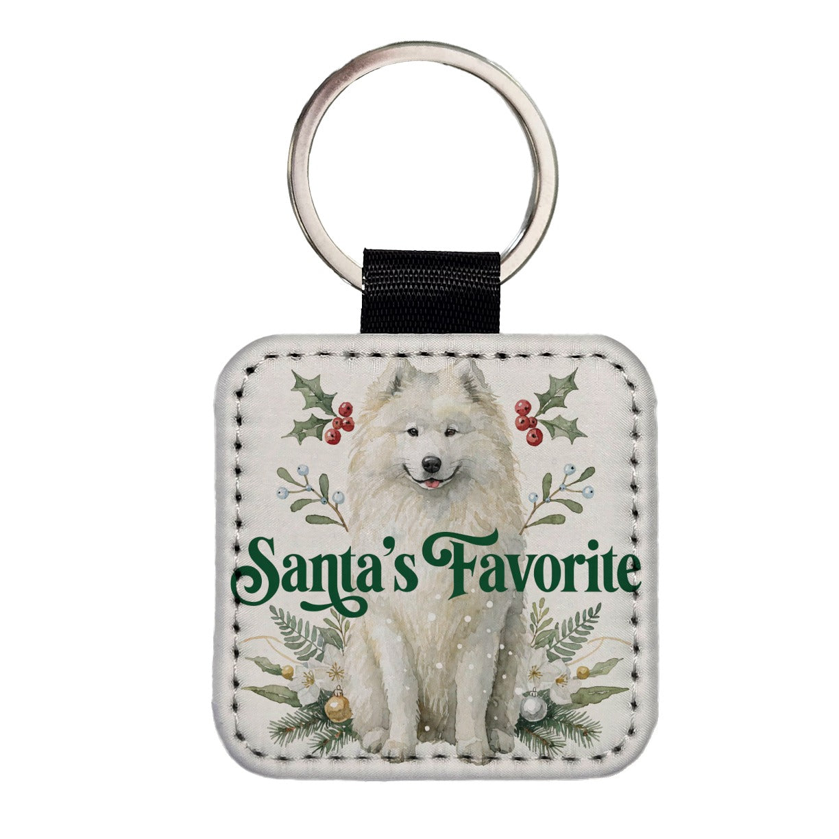 Samoyed Dog Christmas Santa's Favorite Square Faux Leather Keychain