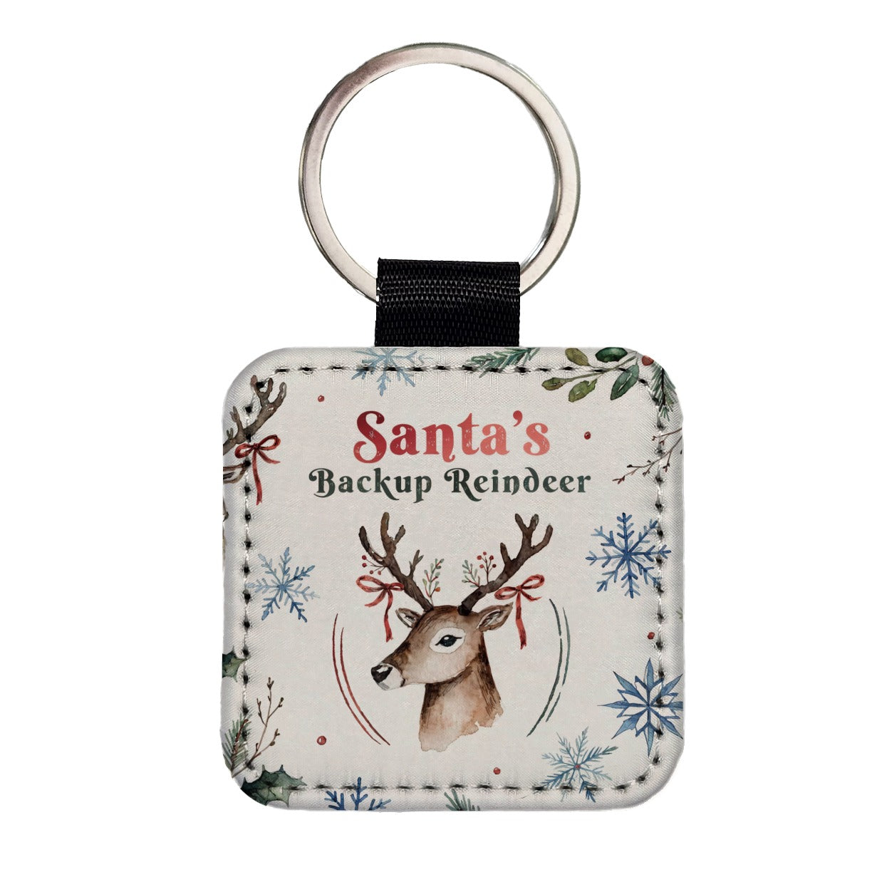 Santa's Backup Reindeer Funny Square Faux Leather Keychain