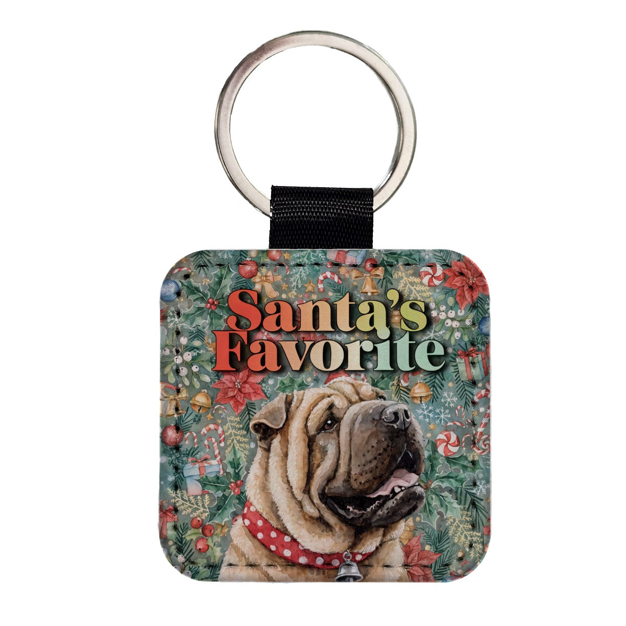 Shar Pei Dog Christmas Santa's Favorite Square Faux Leather Keychain