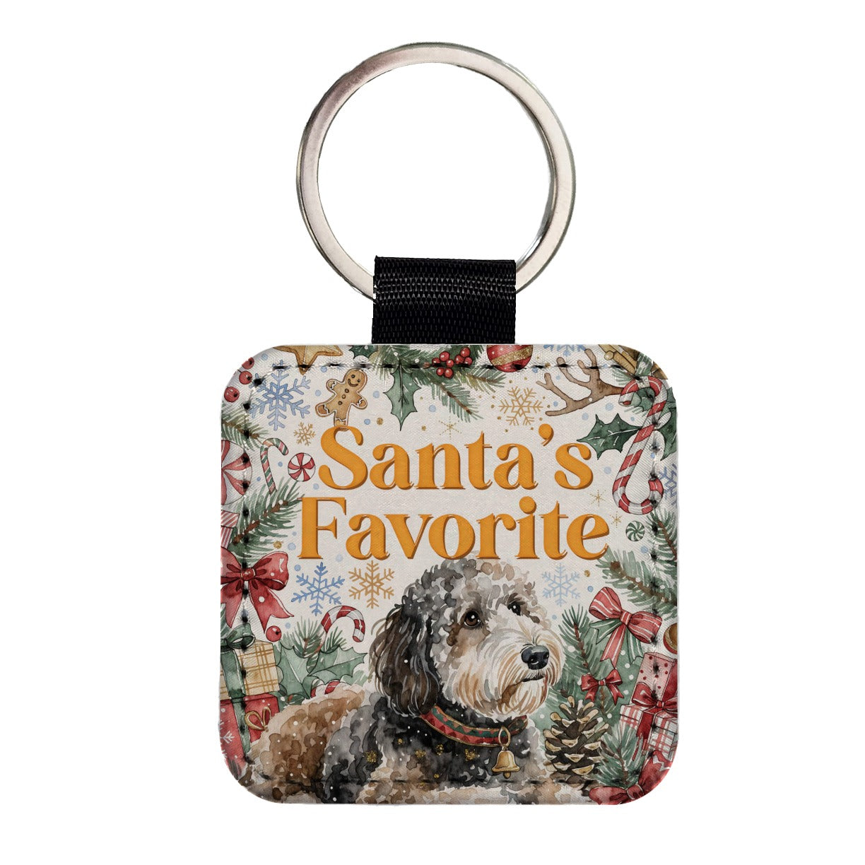 Sheepadoodle Dog Christmas Santa's Favorite Square Faux Leather Keychain