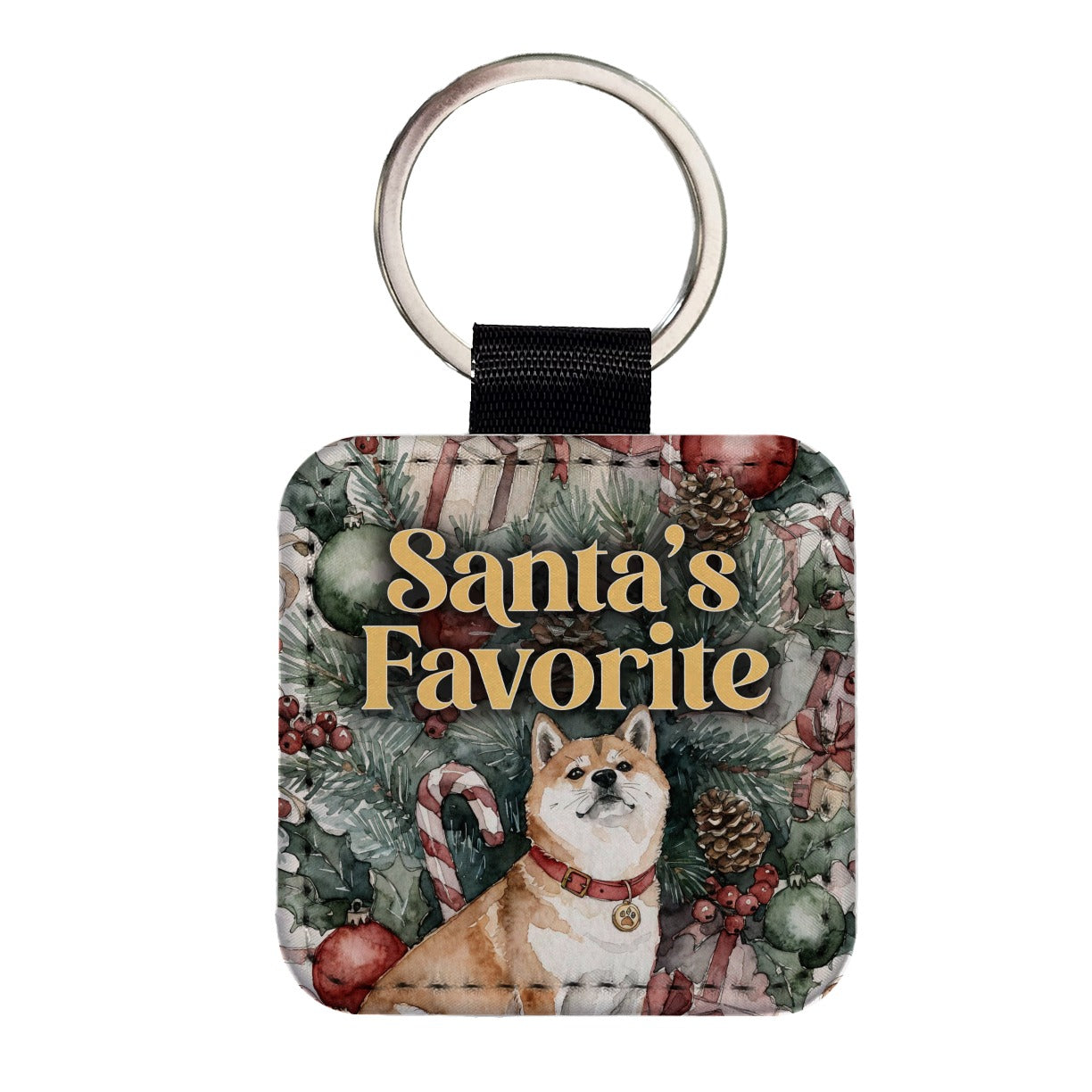 Shiba Inu Dog Christmas Santa's Favorite Square Faux Leather Keychain