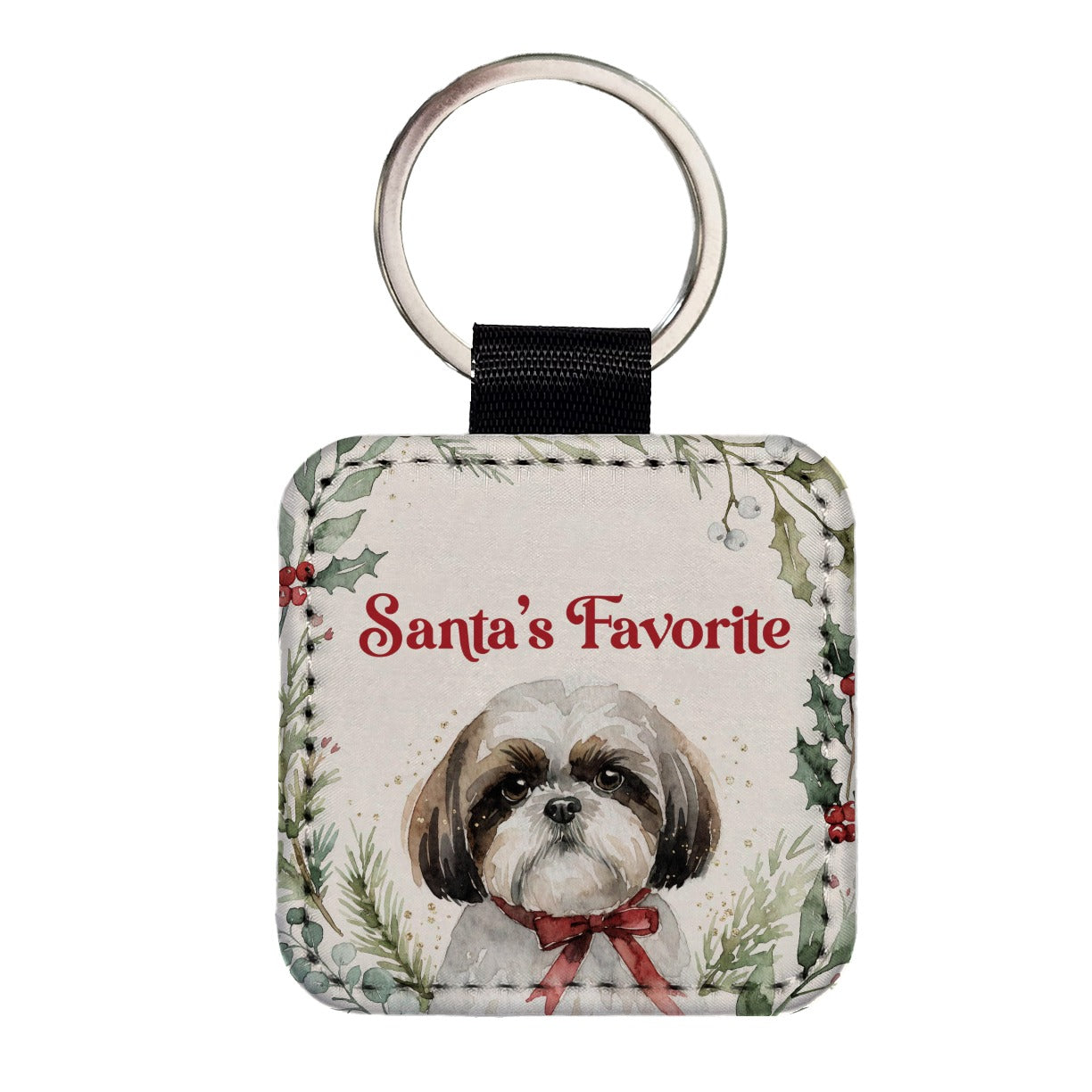 Shih Tzu Dog Christmas Santa's Favorite Square Faux Leather Keychain