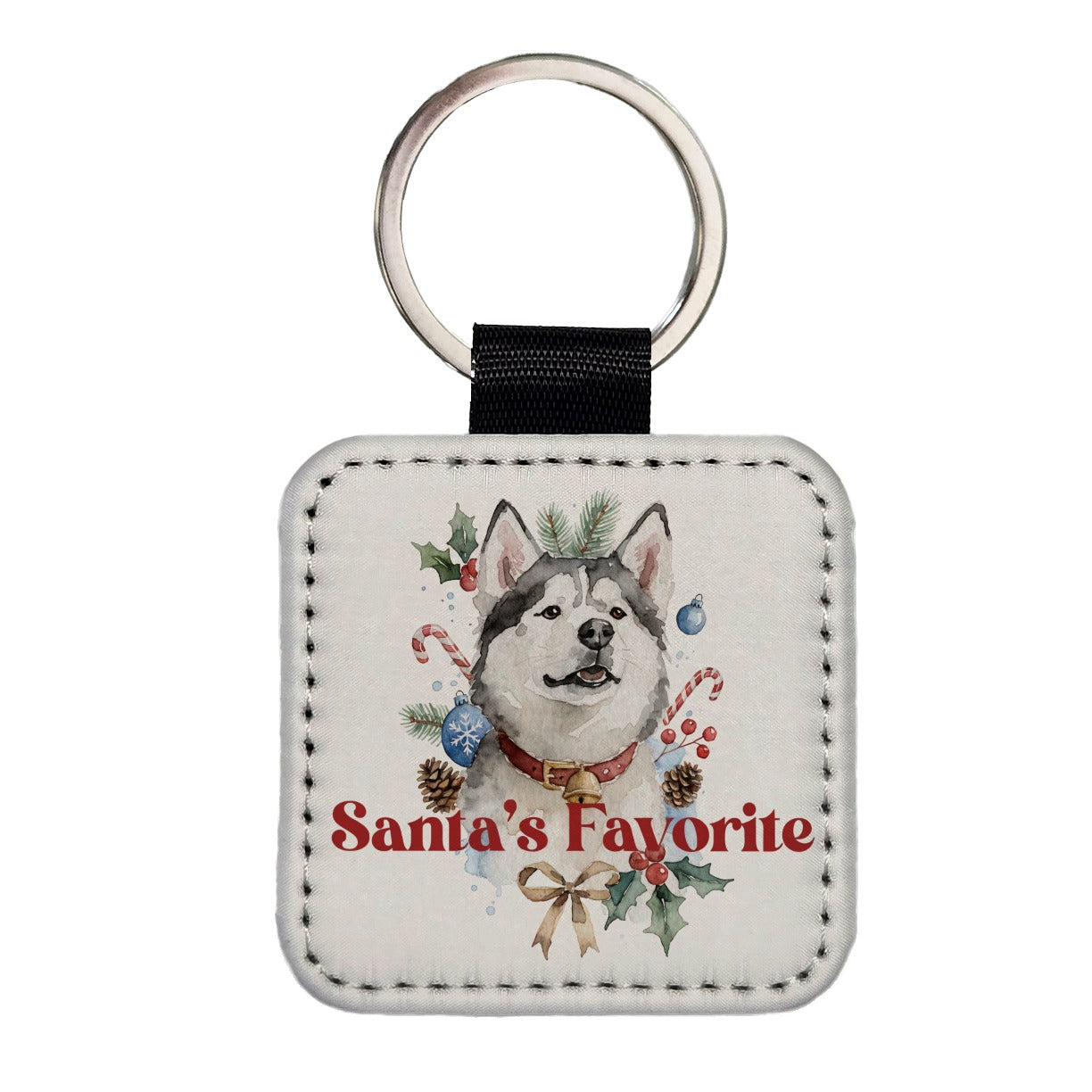 Siberian Husky Dog Christmas Santa's Favorite Square Faux Leather Keychain