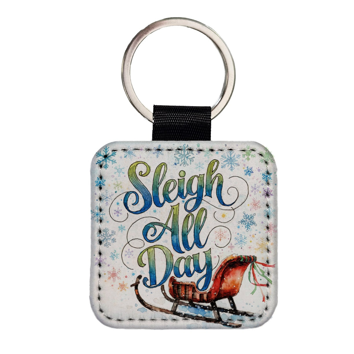 Sleigh Slay All Day Christmas Funny Snowflakes Square Faux Leather Keychain