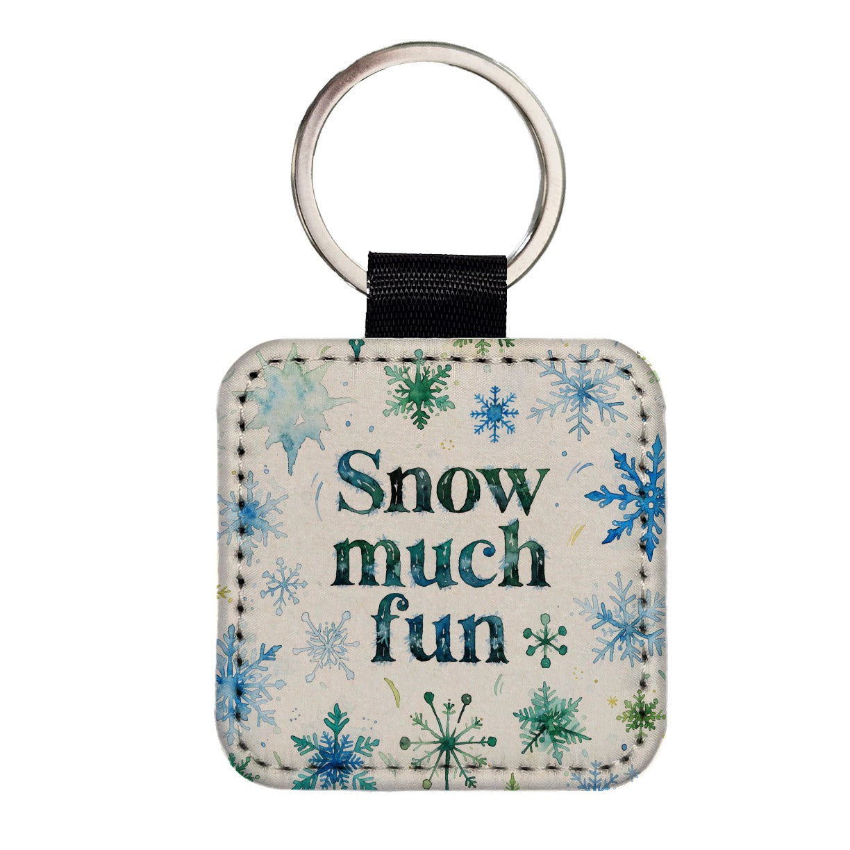 Snow So Much Fun Winter Snowflakes Square Faux Leather Keychain