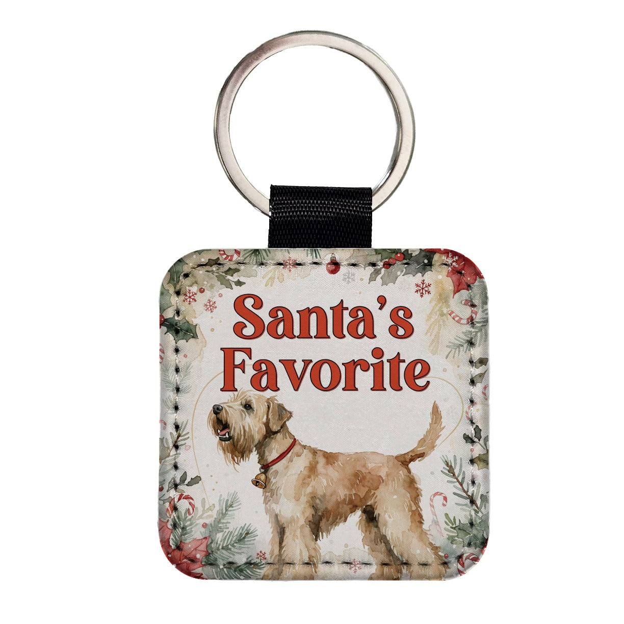 Soft Coated Wheaten Terrier Dog Christmas Santa's Favorite Square Faux Leather Keychain