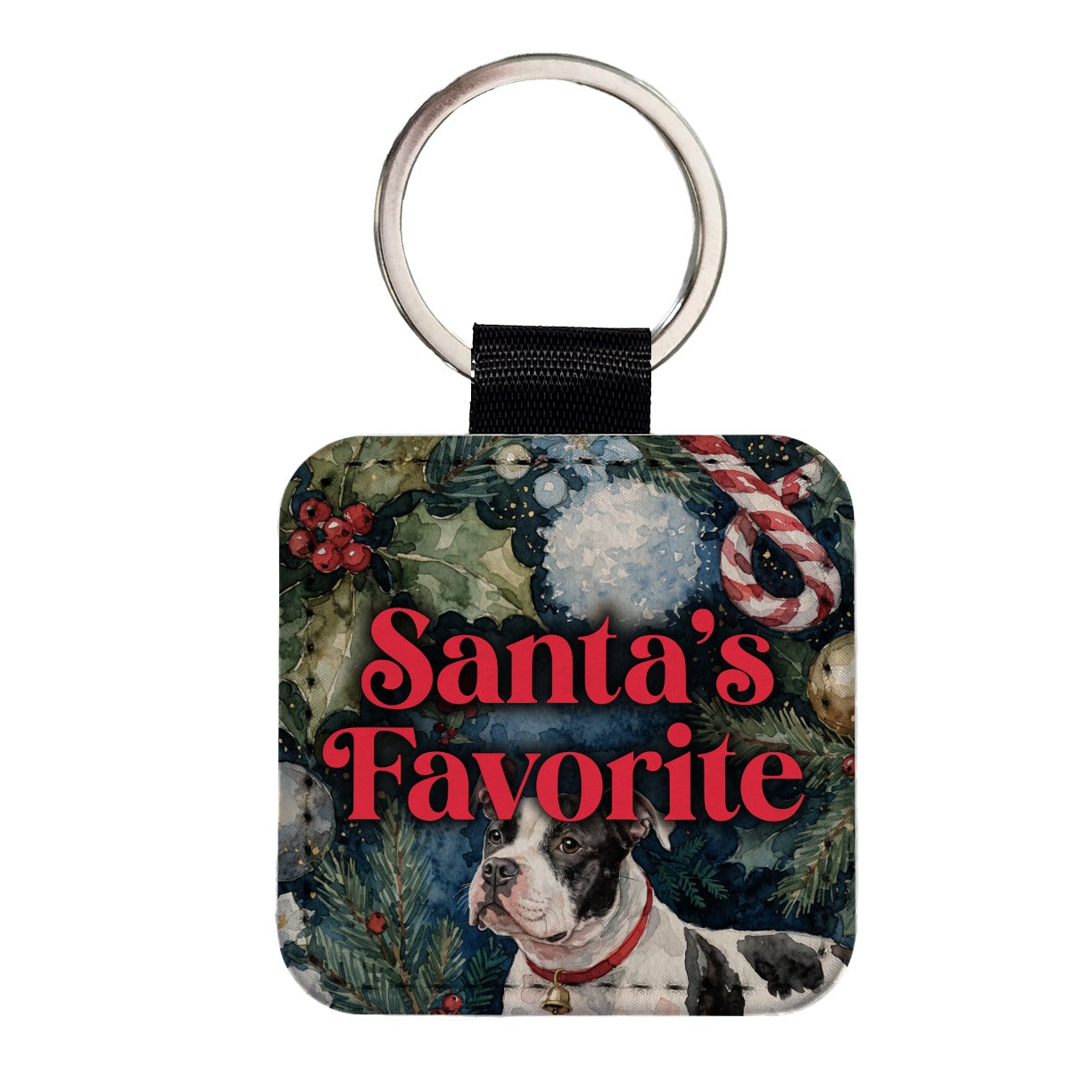 Staffordshire Bull Terrier Dog Christmas Santa's Favorite Square Faux Leather Keychain