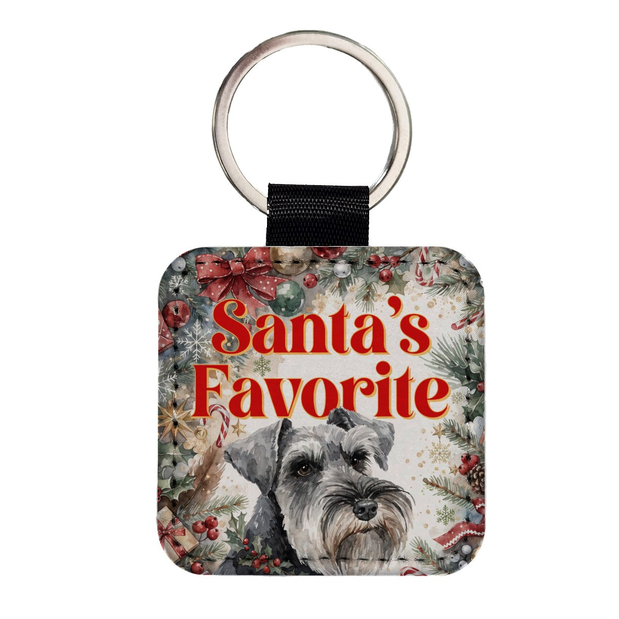 Standard Schnauzer Dog Christmas Santa's Favorite Square Faux Leather Keychain