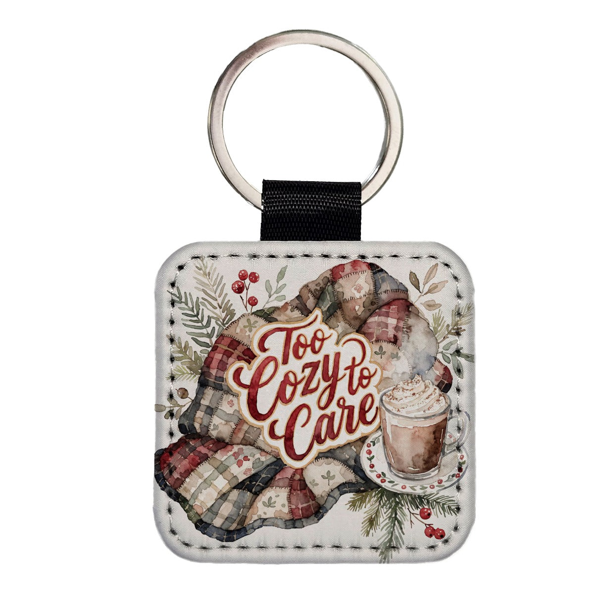 Too Cozy To Care Christmas Hot Cocoa Square Faux Leather Keychain