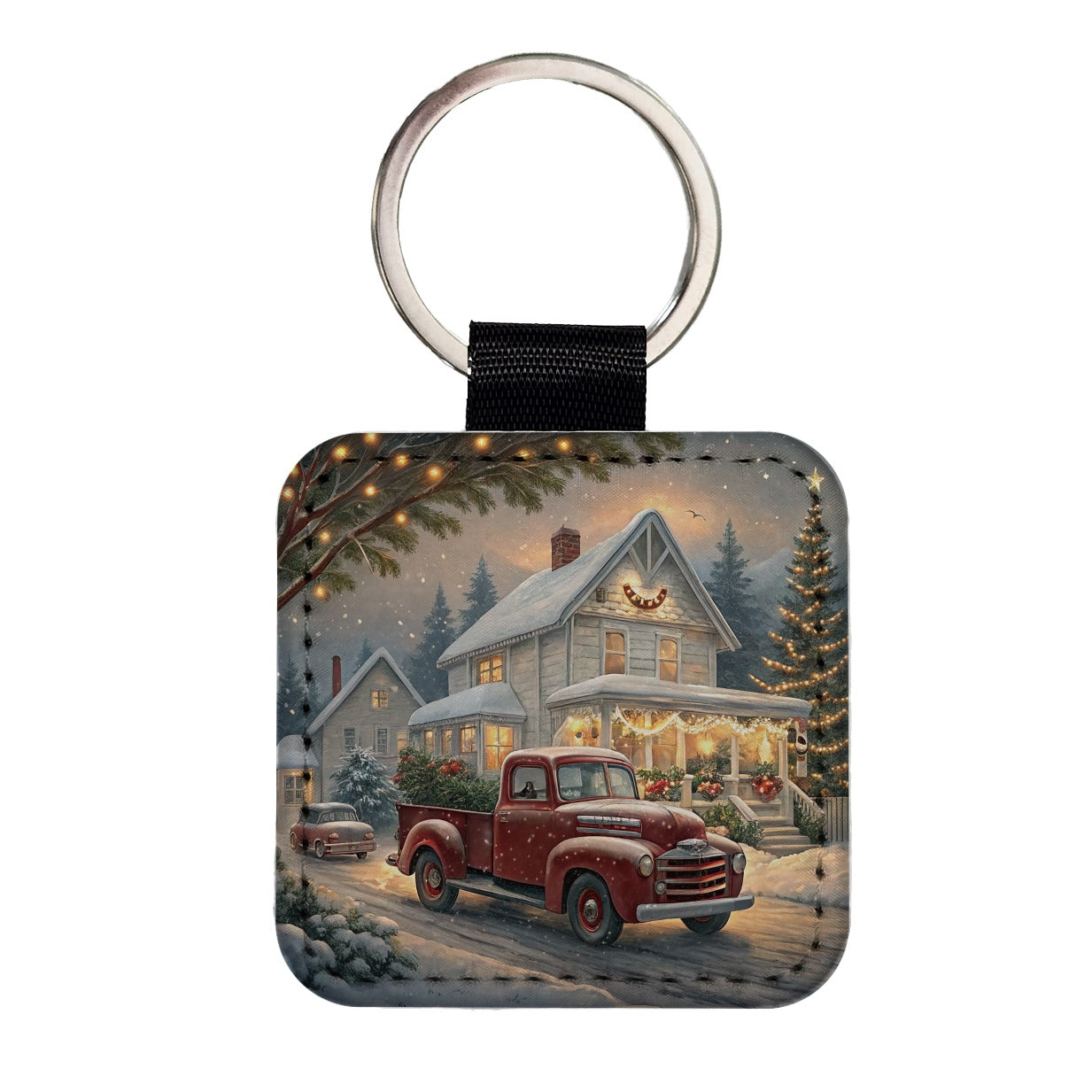 Vintage Americana Christmas Red Truck Square Faux Leather Keychain