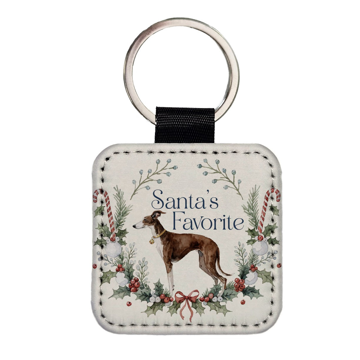 Whippet Dog Christmas Santa's Favorite Square Faux Leather Keychain