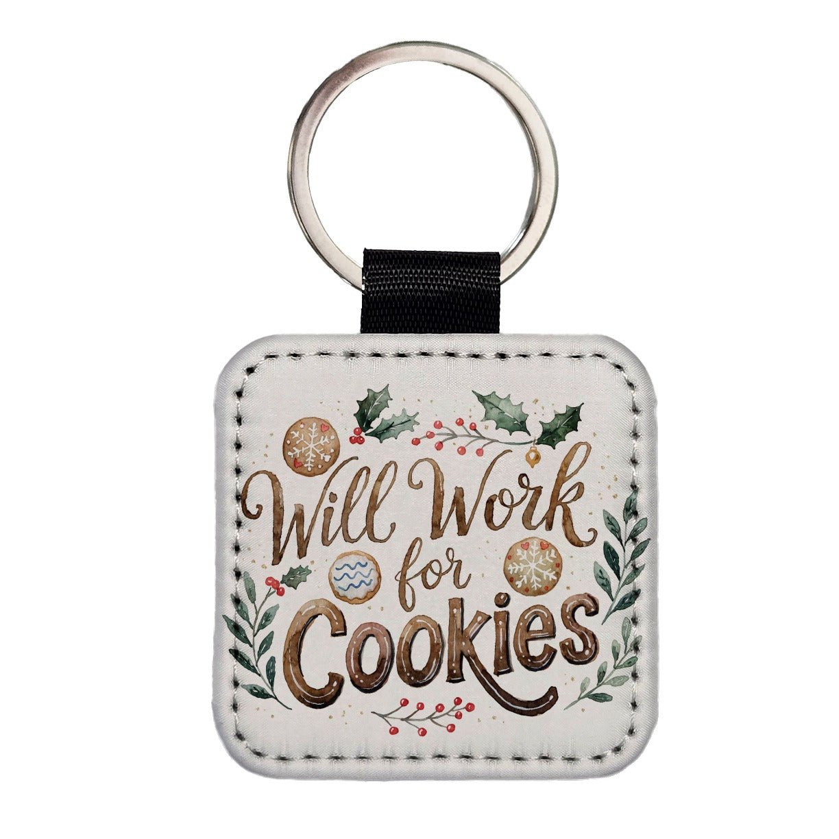 Will Work For Cookies Christmas Square Faux Leather Keychain