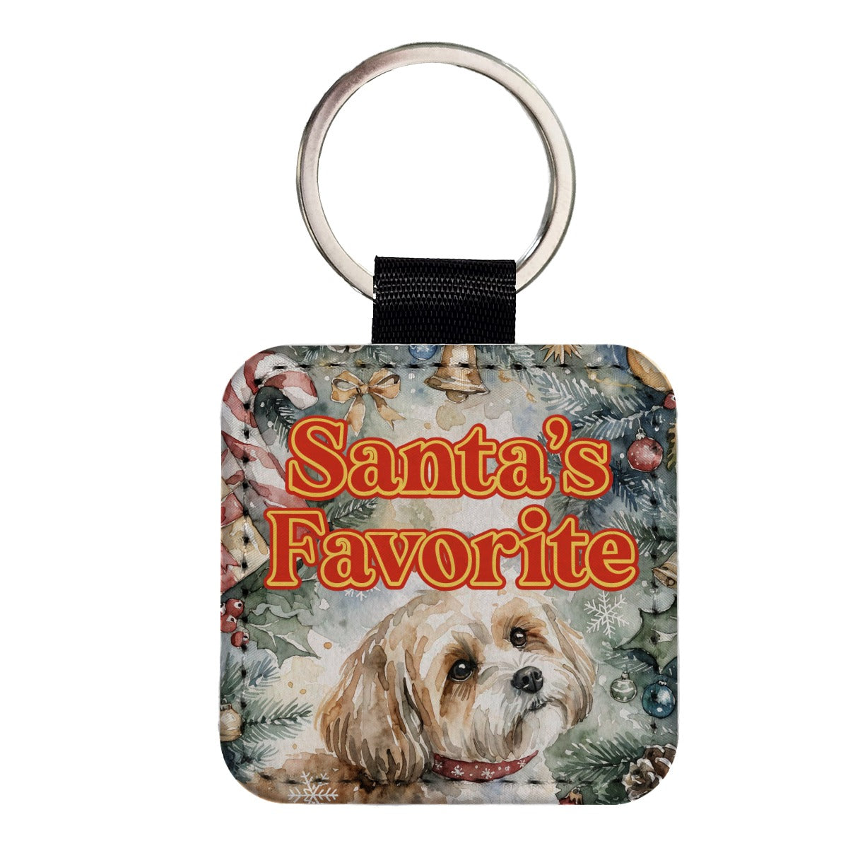 Yorkipoo Dog Christmas Santa's Favorite Square Faux Leather Keychain