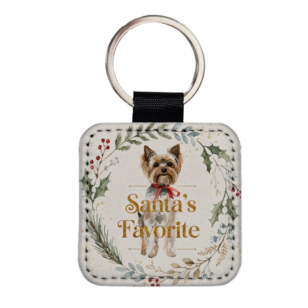Yorkshire Terrier Yorkie Dog Christmas Santa's Favorite Square Faux Leather Keychain