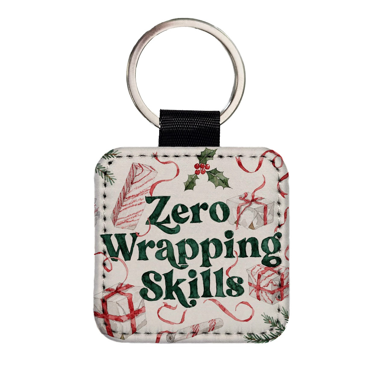 Zero Wrapping Skills Christmas Funny Red Green Square Faux Leather Keychain