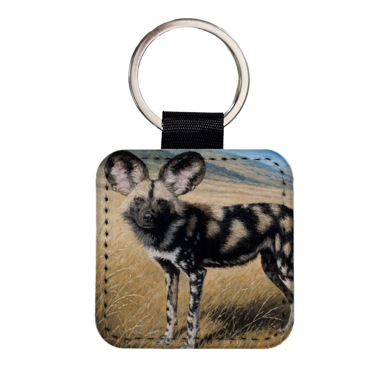African Wild Dog Square Faux Leather Keychain