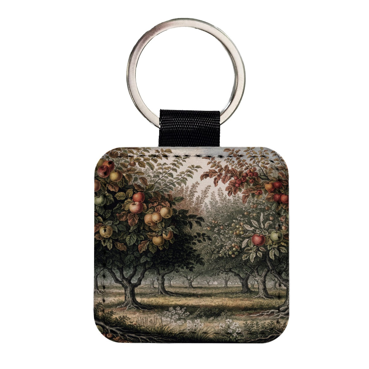Apple Orchard Antique Drawing Square Faux Leather Keychain