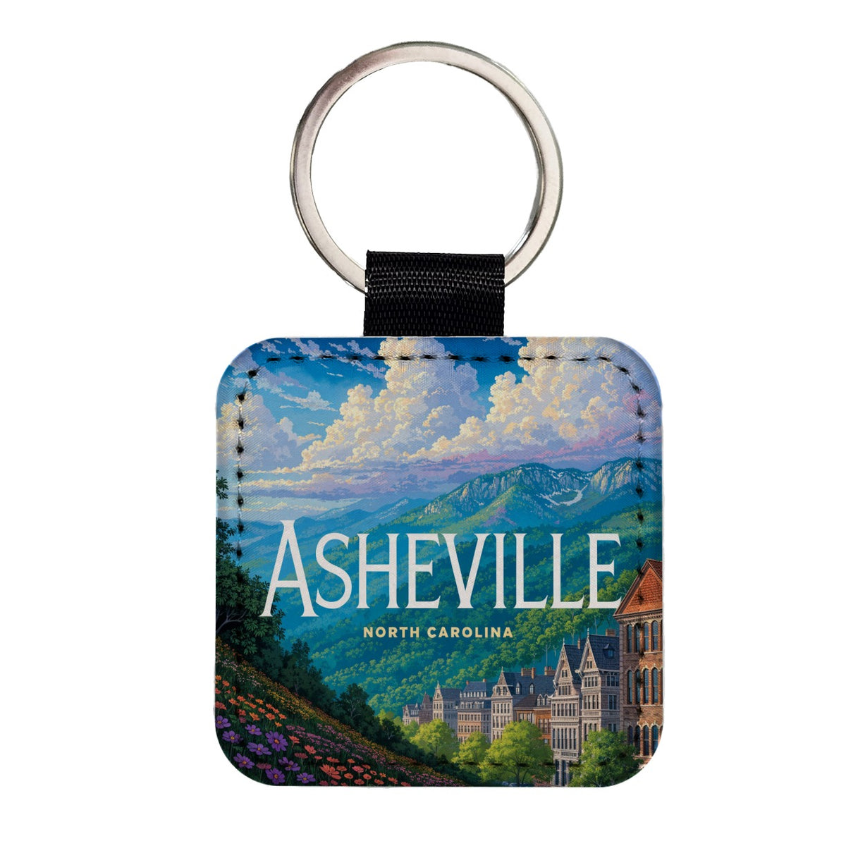 Asheville North Carolina Travel Square Faux Leather Keychain