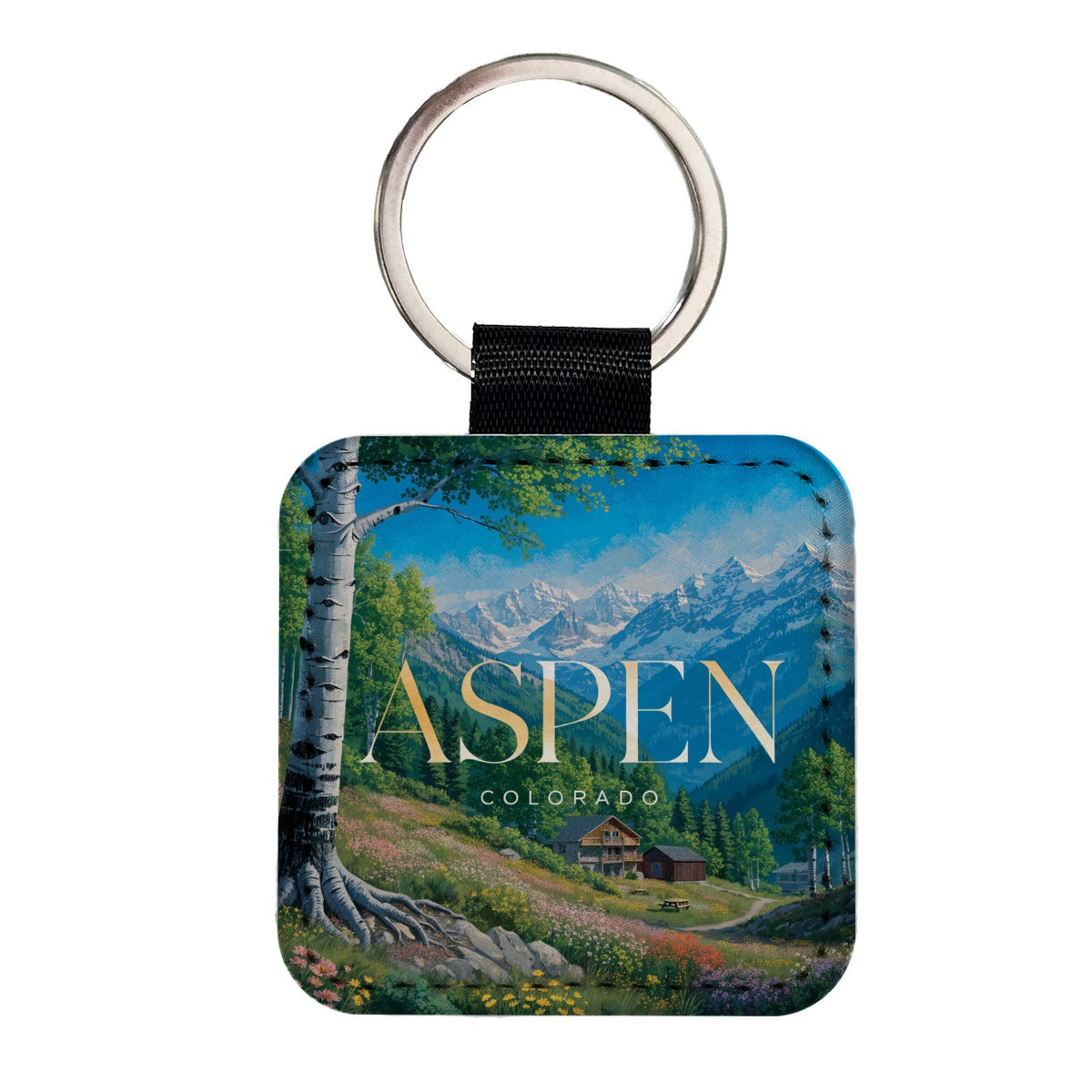 Aspen Colorado Travel Square Faux Leather Keychain