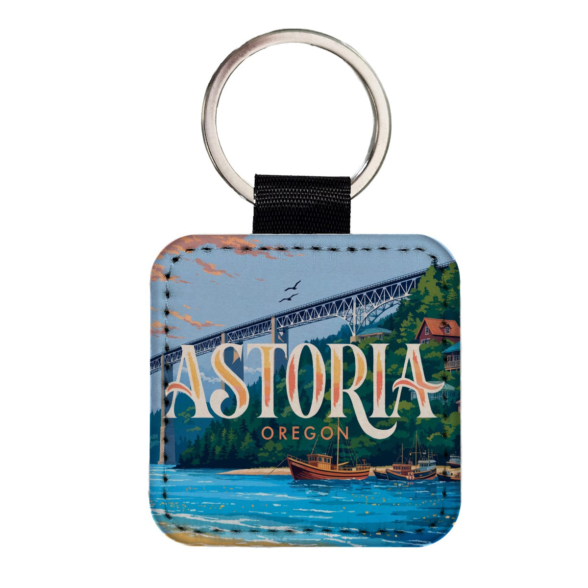 Astoria Oregon Travel Square Faux Leather Keychain
