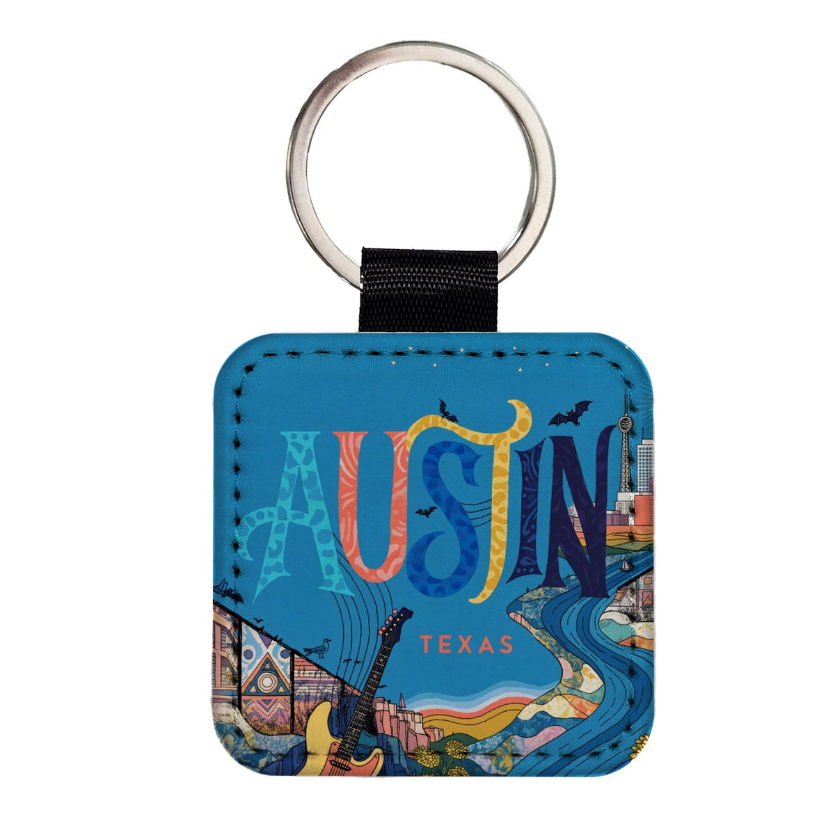 Austin Texas Travel Square Faux Leather Keychain