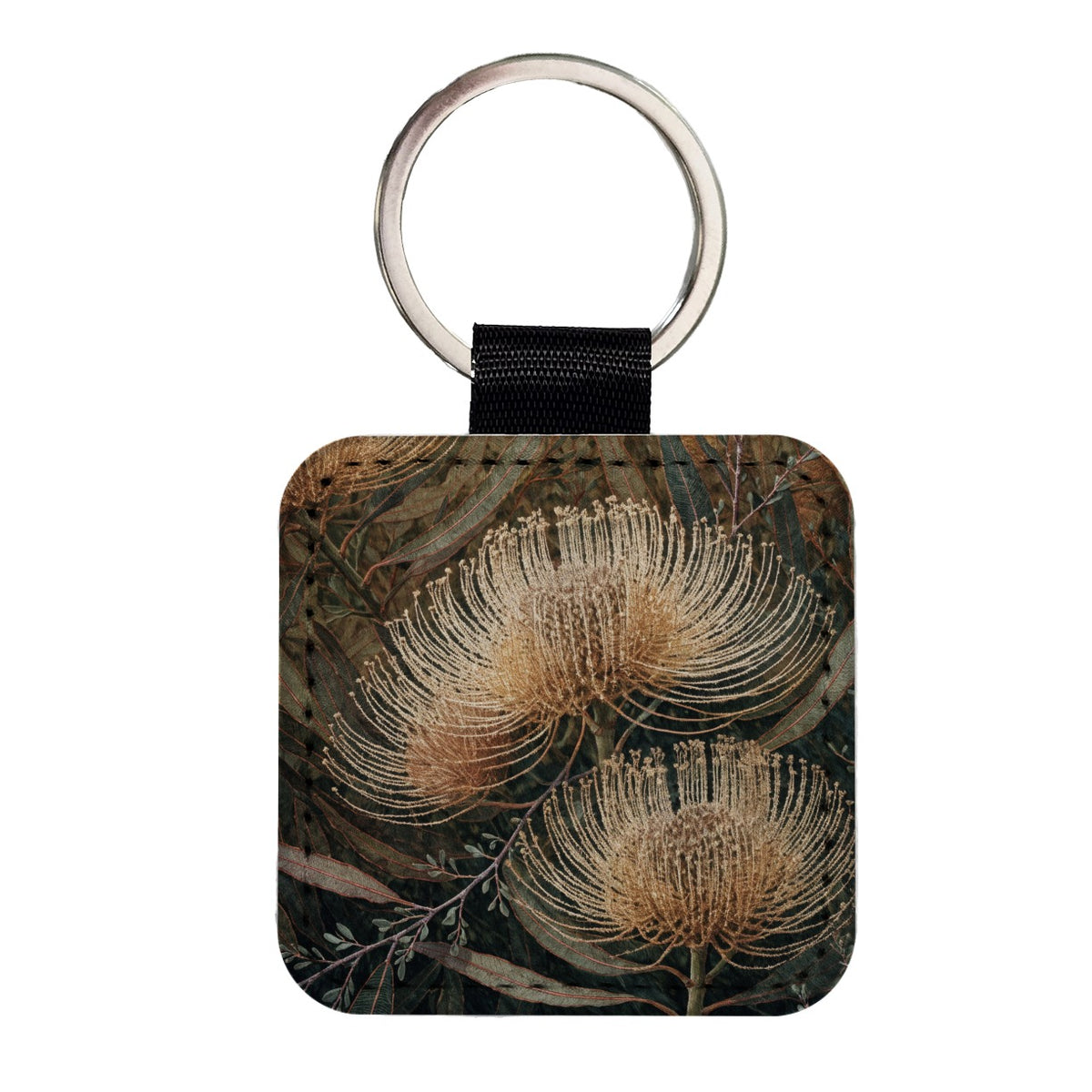 Banksia Australian Botanical Square Faux Leather Keychain