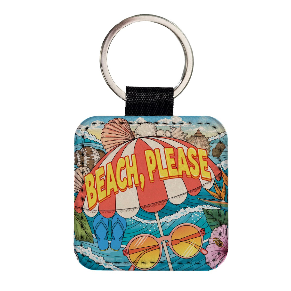 Beach Please Umbrella Funny Square Faux Leather Keychain