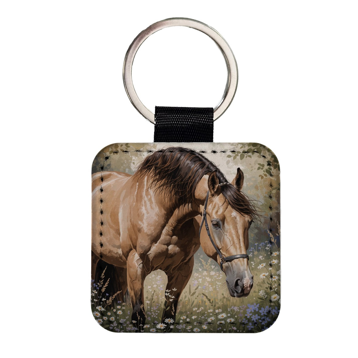 Beautiful Horse Wildflowers Square Faux Leather Keychain