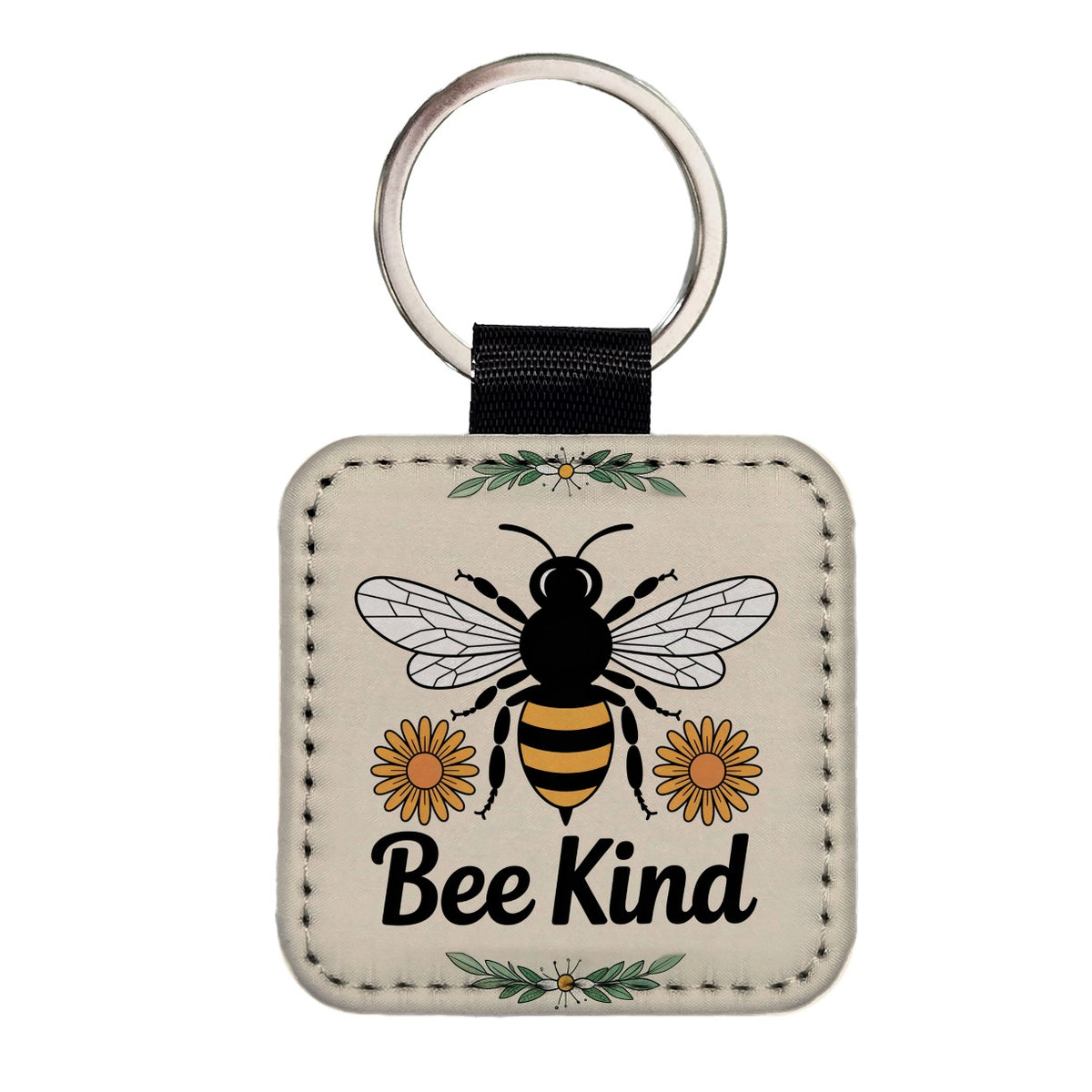 Bee Kind Honeybee Daisies Square Faux Leather Keychain